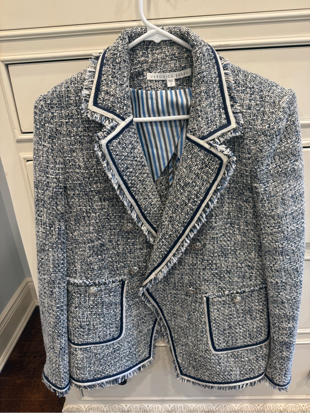 Veronica Beard Blue & White Tweed Fringe-Trim Blazer